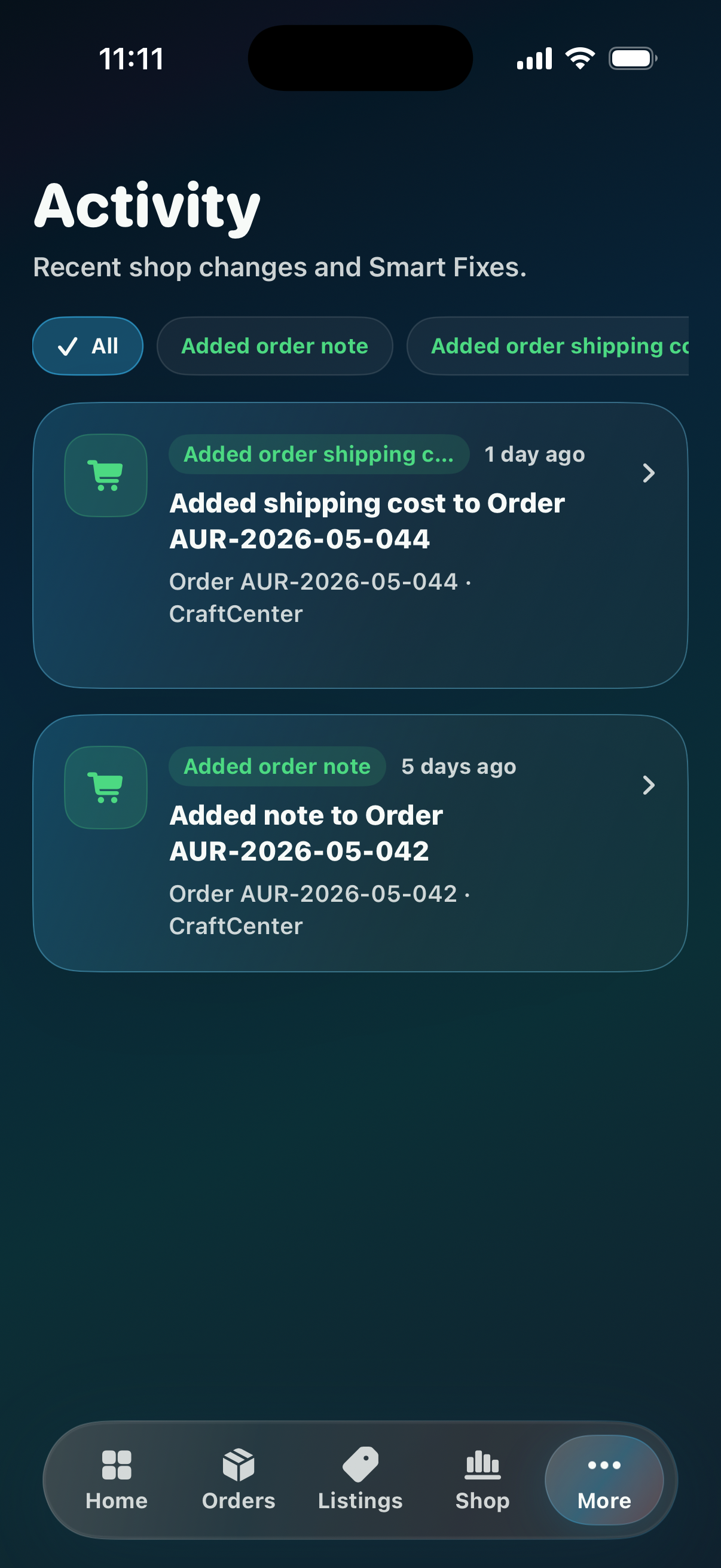 CraftCenter Activity screen showing seeded shipping-cost and order-note updates.