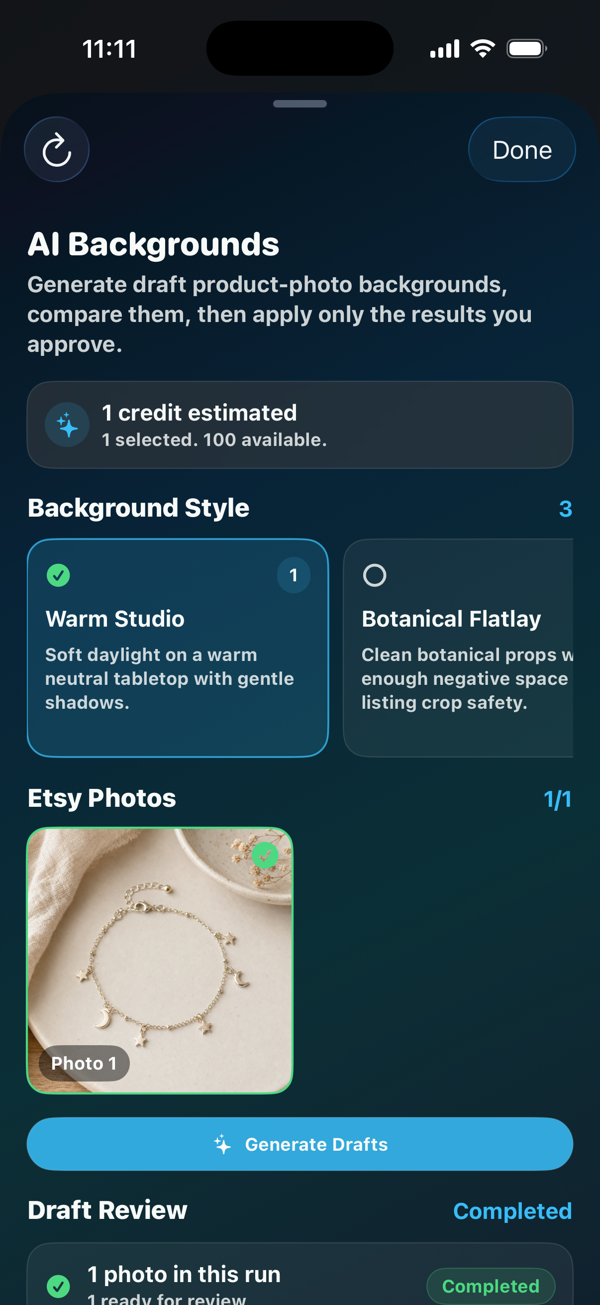 CraftCenter AI Backgrounds sheet opened from the Starlight Charm Bracelet listing editor.