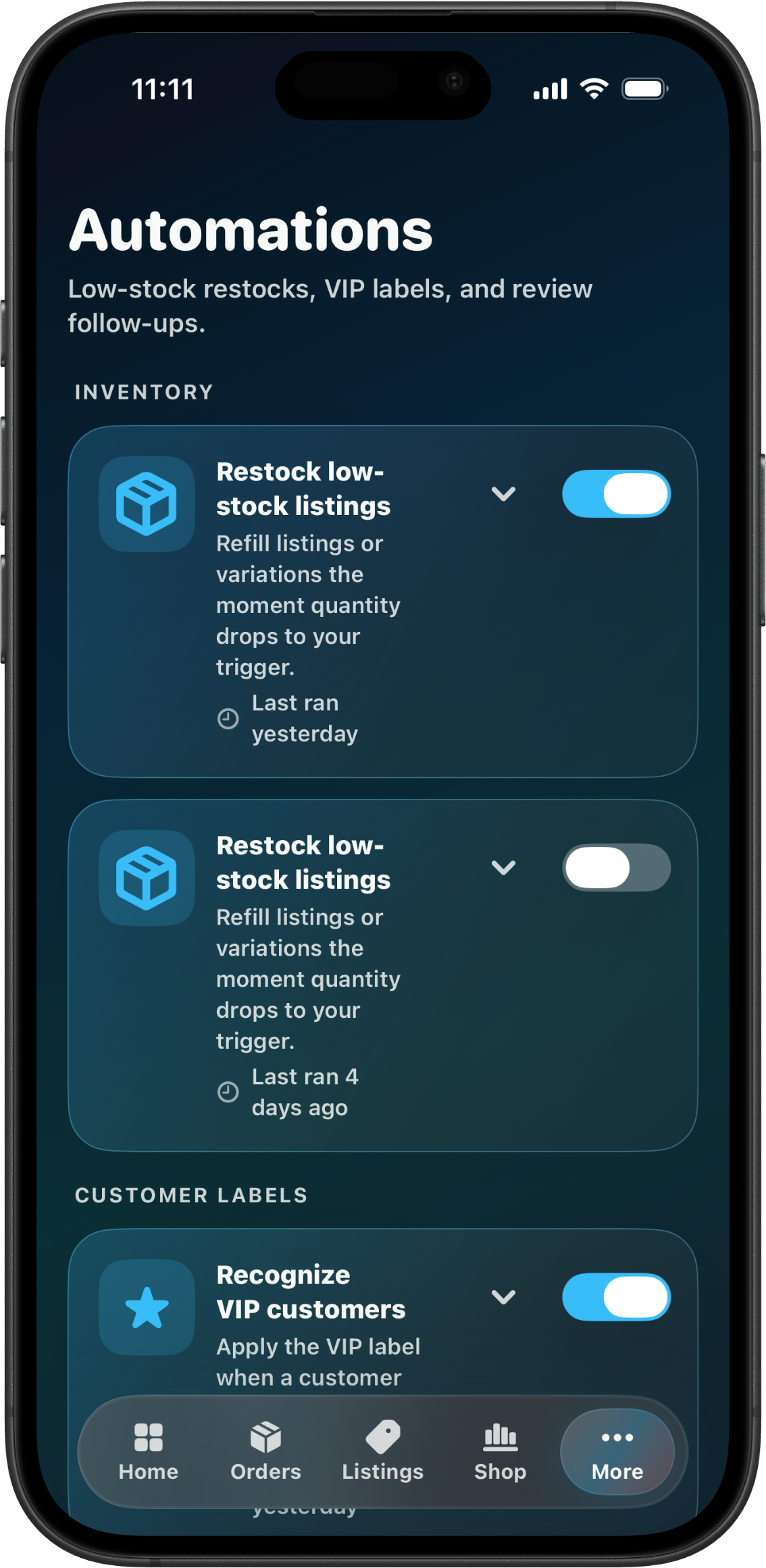 CraftCenter Automations screen showing low-stock restocks, VIP labels, and review follow-ups.