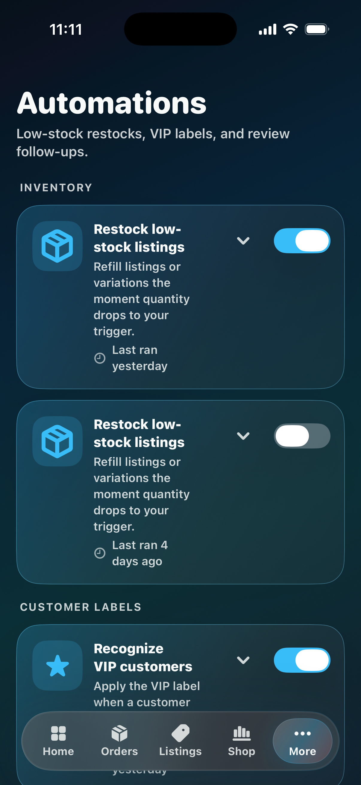 CraftCenter Automations screen showing low-stock restocks, VIP labels, and review follow-ups.
