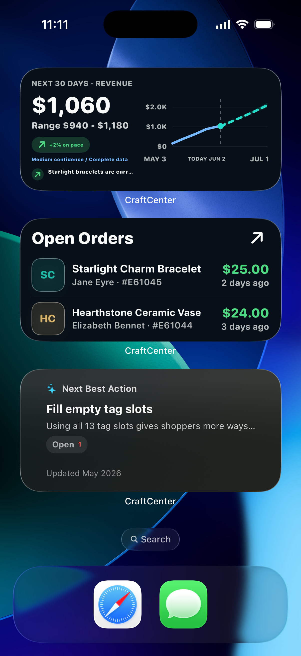 iOS Home Screen with CraftCenter widgets showing Aurora forecast, open orders, and next best action.