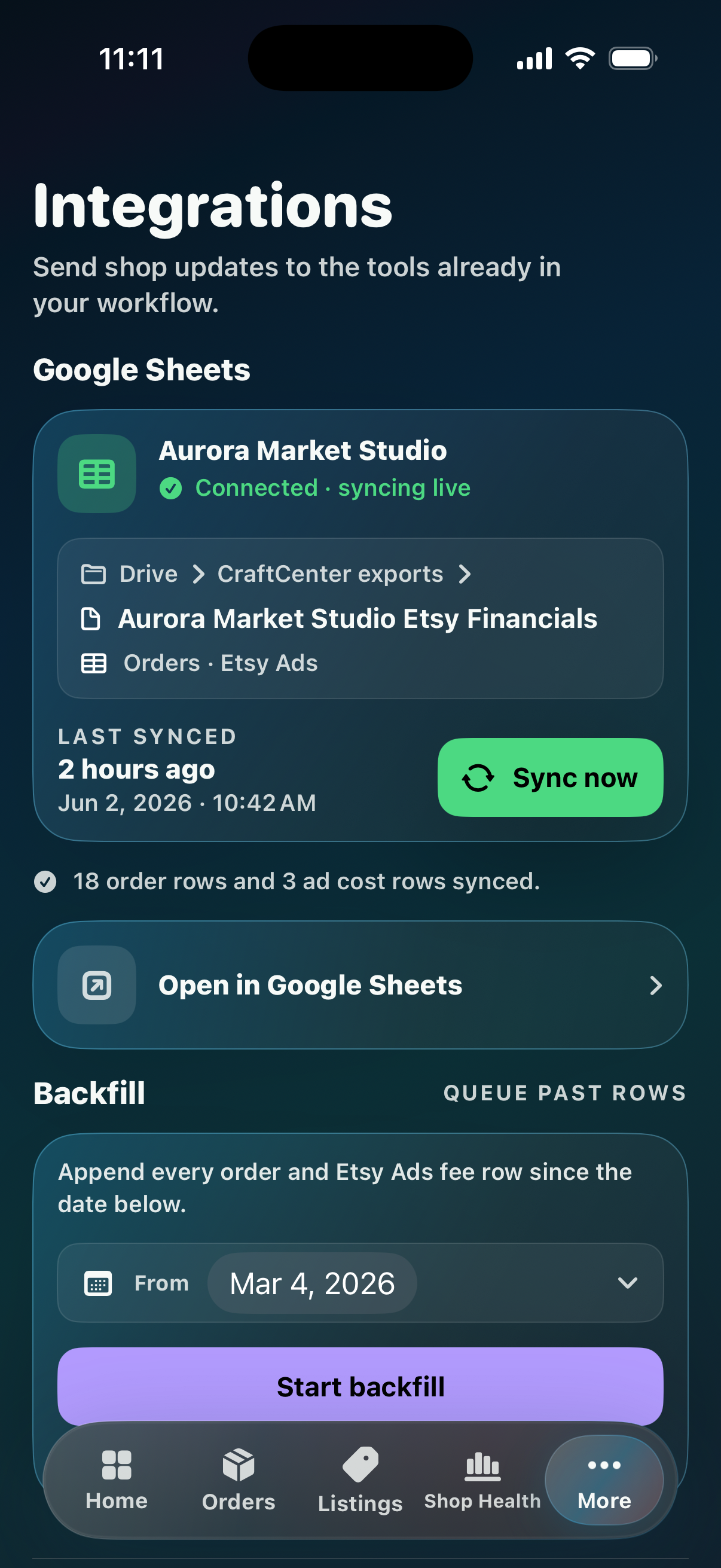 CraftCenter Integrations screen showing Google Sheets and Slack shop integrations.