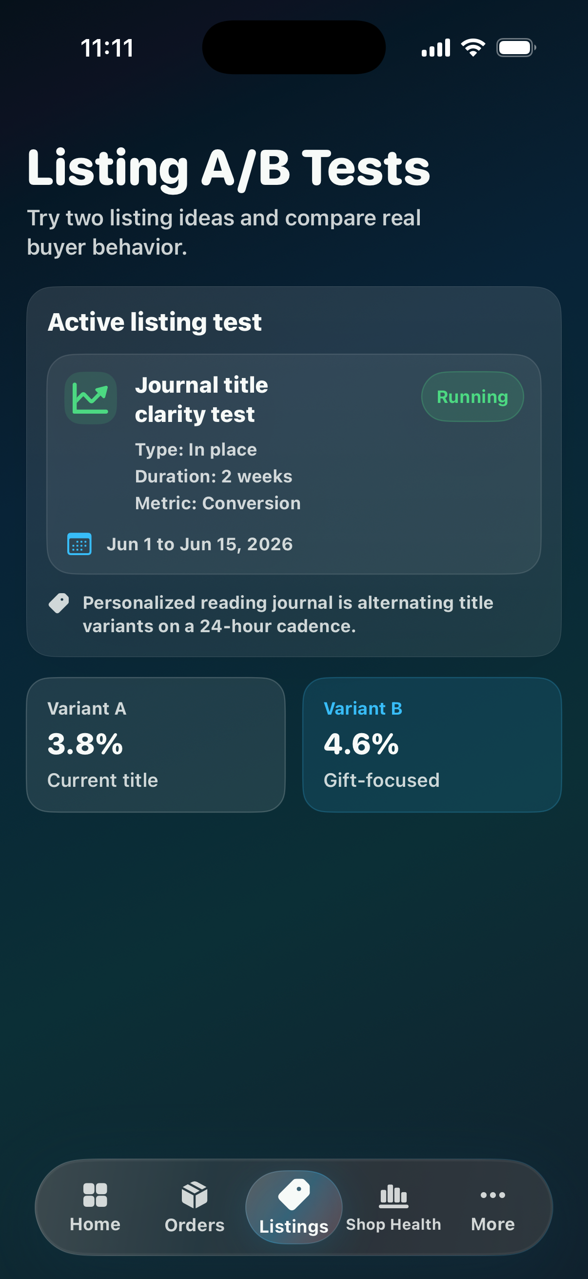 CraftCenter Listing A/B Tests screen showing an active title experiment and variant conversion results.