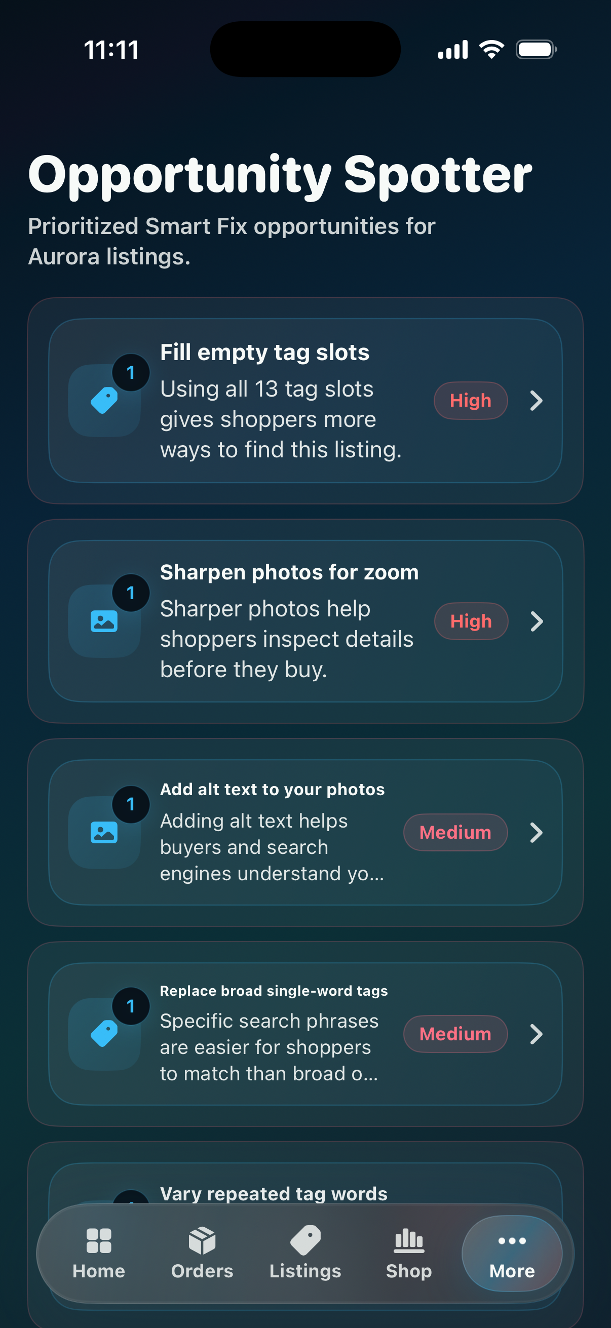 CraftCenter opportunity screen for reviewing shop improvements.