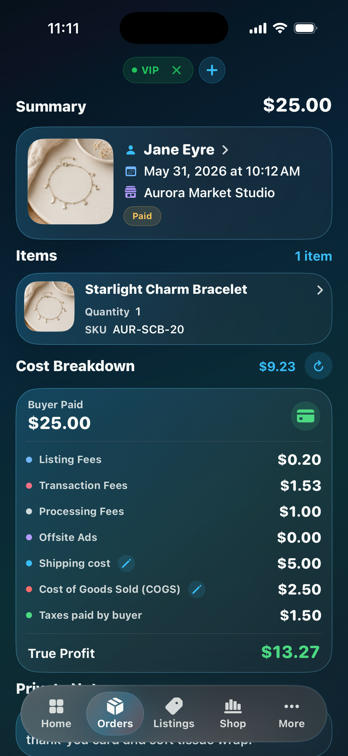 CraftCenter order history and notes screen showing VIP context and a populated cost breakdown.