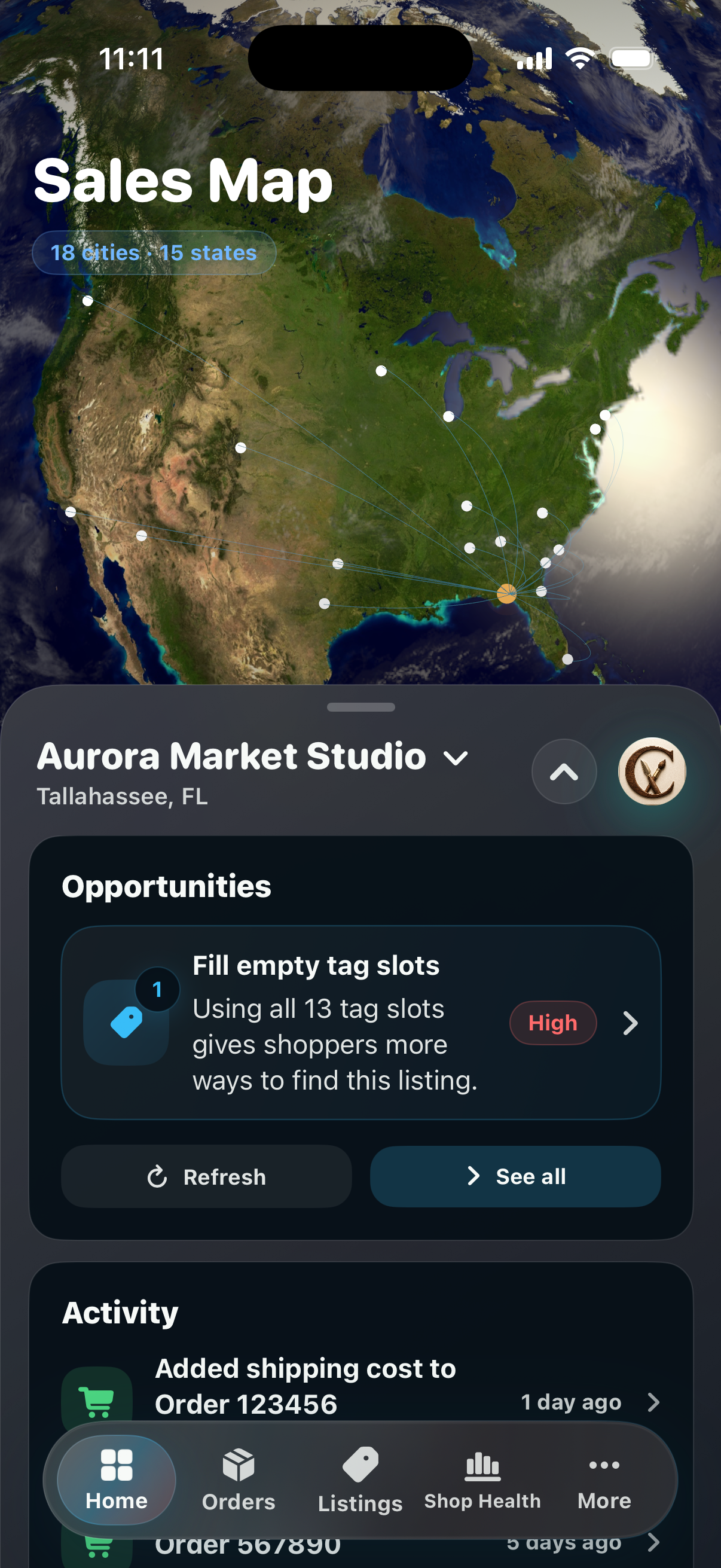 CraftCenter Sales Map screen showing Aurora Market Studio orders across 12 continental US cities.