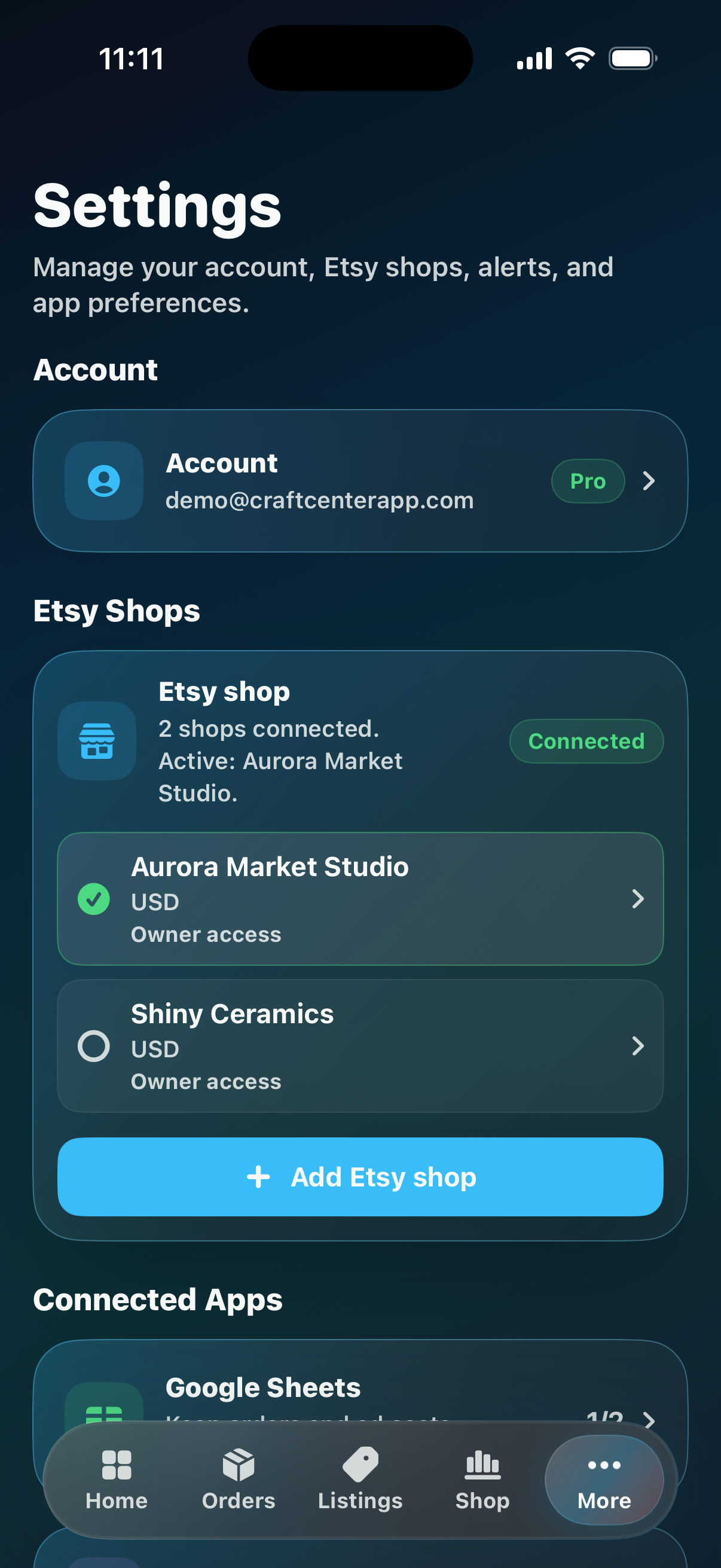 CraftCenter Settings screen with account, Etsy shop, and support controls.