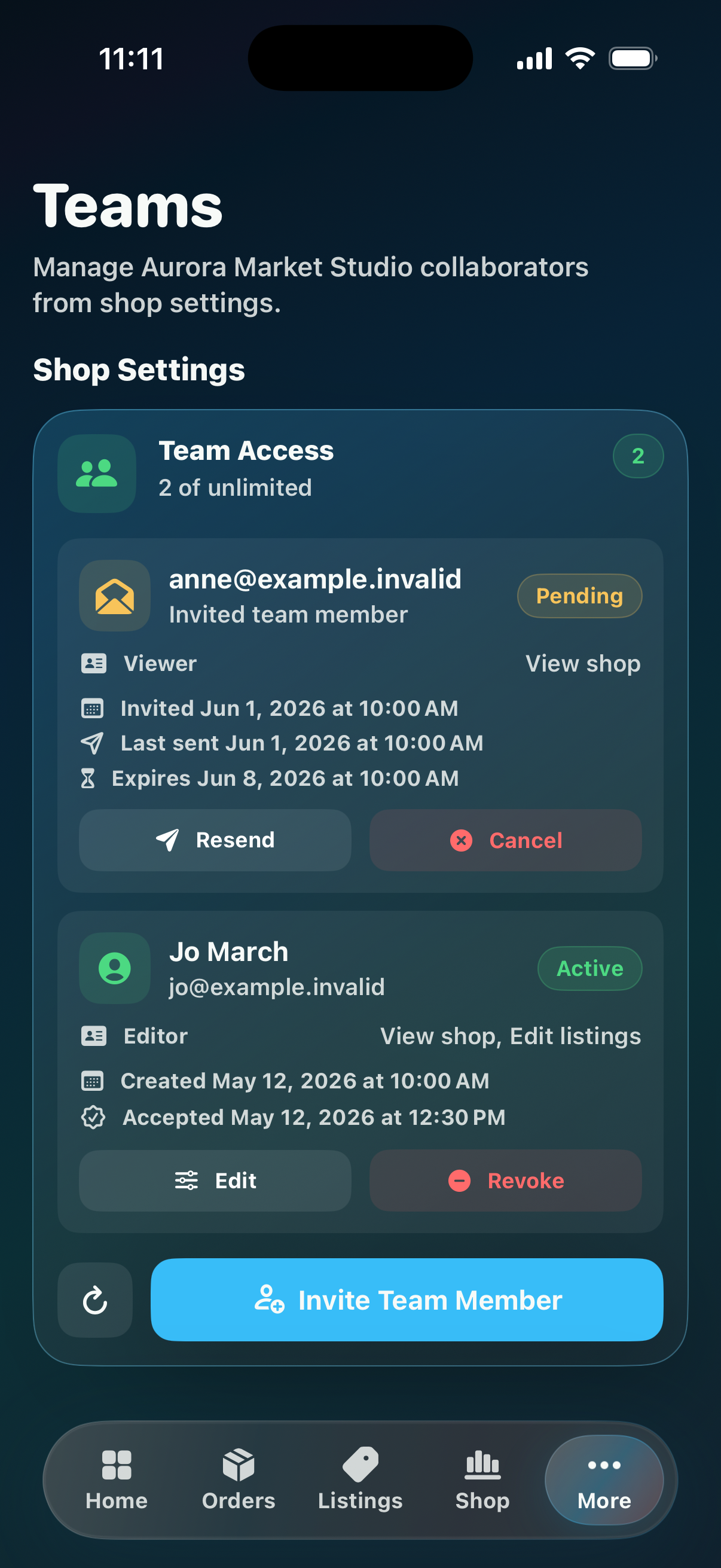 CraftCenter Teams settings screen showing seeded collaborators and a pending invite.