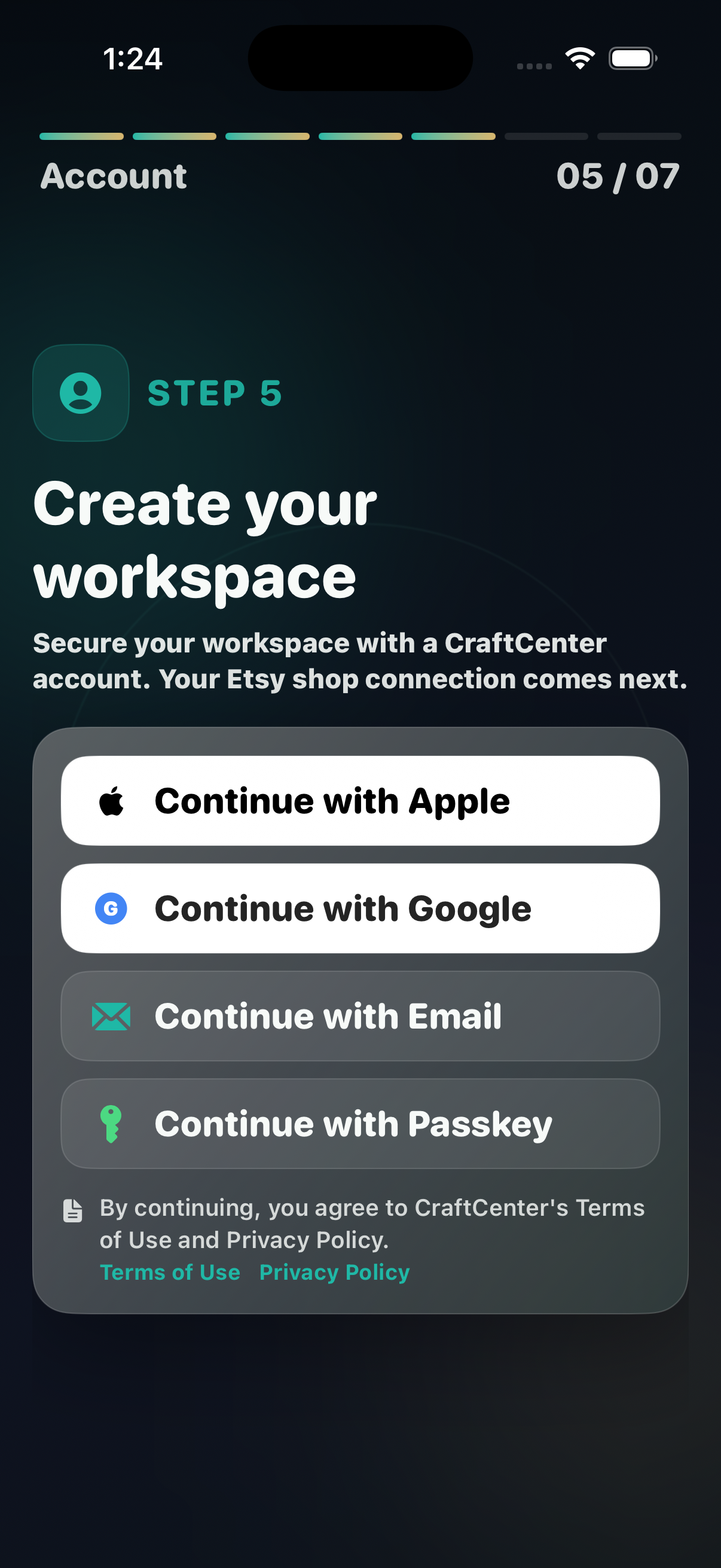 CraftCenter account setup screen for joining the launch list and preparing app access.